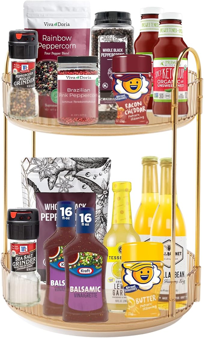 360 Rotating Makeup Organizer, Yellow, Unisex, 2 Tier Countertop Storage, Large Capacity, Cosmetics, Perfume, Skincare, Lipsticks