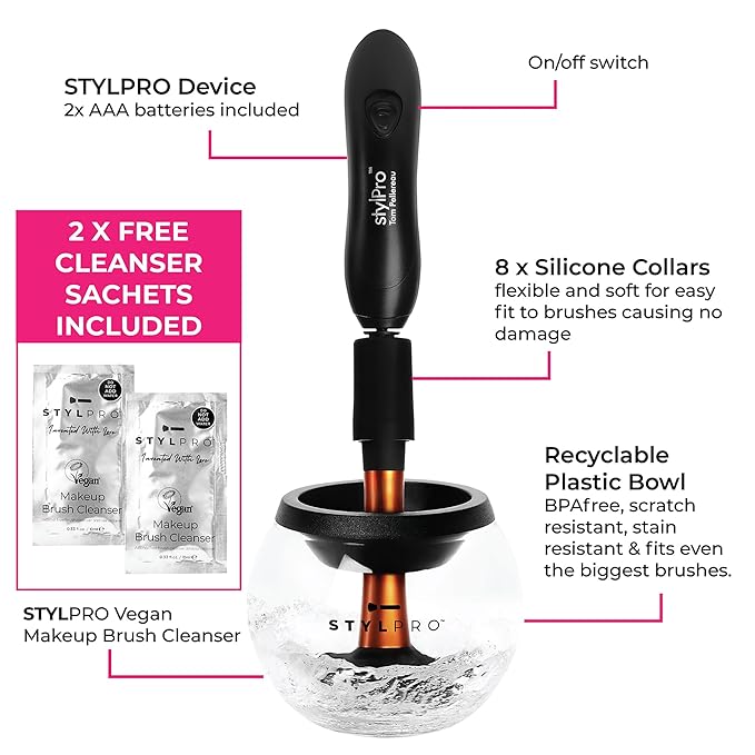 Stylideas Stylpro Original Makeup Brush Cleaner and Dryer - Clean and Dry Makeup Brushes in 30 Seconds - Removes Dirt, Pollutants, and Stains - 1 pc.
