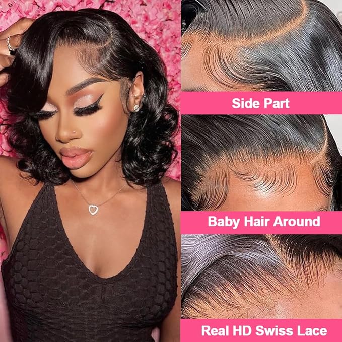 9x5 Glueless Wigs Human Hair Pre Plucked Pre Cut Bob Wig Human Hair 200% Density Body Wave Lace Front Wigs Human Hair HD Closure Wigs Short Bob Wigs for Black Women Wear and Go Glueless Wig 12 Inch