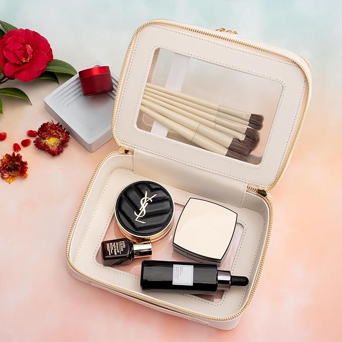 Aveniee Large Clear Makeup Bags, Double Layer Cosmetic Bags with Separate Brush Compartment, Travel Toiletry Bag Cosmetic Train Case, Travel Accessories Organizer for Women(2 Layers, White)