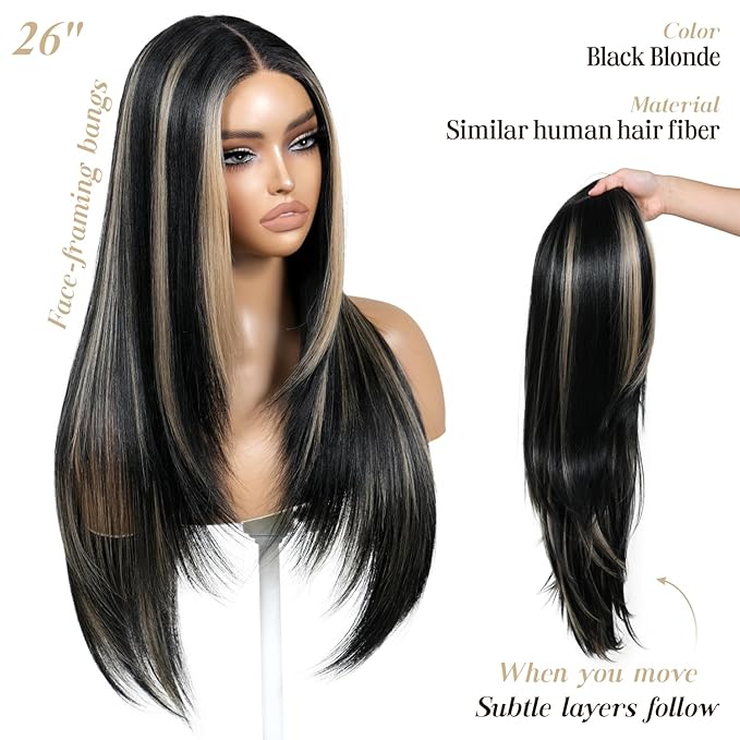Black Wig With Bangs Wear and Go Glueless Synthetic Lace Front Highlight Wigs for Women Pre Plucked Pre Cut Layered Black and White Wig Ready to Wear Middle Part 26 Inch