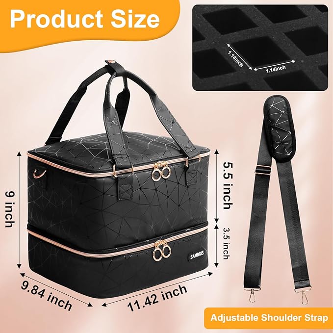 Nail Polish Organizer Bag Holds 54 Bottles (15ml/0.5 fl.oz)& Nail Lamp, PU Leather Nail Supplies Organizer with Holder& Shoulder Strap, Portable Travel Nail Kit Storage Carrying Case (Black)