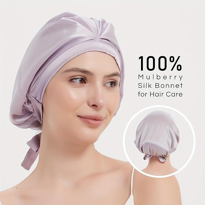 RachelSilk 100% Mulberry Silk Sleep Cap, Grade 6A 19 Momme Silk for Women Hair Care, Silk Night Bonnet with Elastic Stay On Head, Silk Cap after Shower, for Small -Medium Head Size (Lavender)