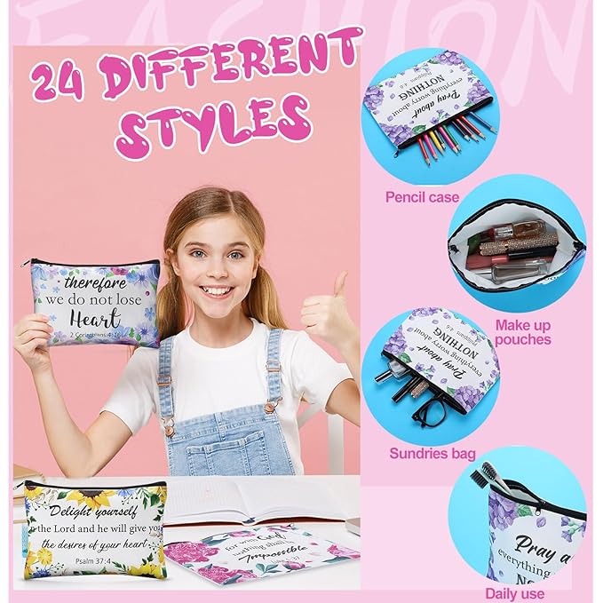 24 Pcs Christian Makeup Bag Bible Cosmetic Bags Inspirational Bible Verse Toiletry Pouches Canvas Motivational Pouches with Zipper for Women Organize Cosmetics Toiletries Stationery(Floral)