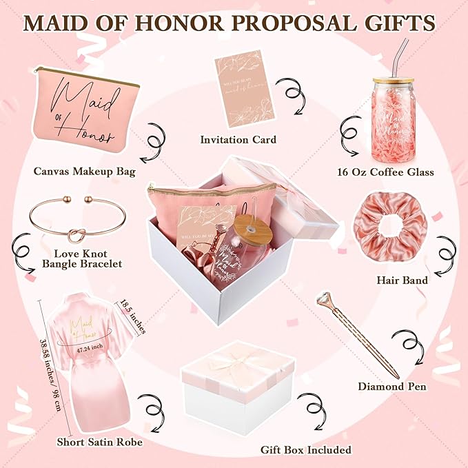 Irenare 8 Pcs Proposal Gifts Set Robes Makeup Bag Cup Cards Hair Tie Bracelet Diamond Pen Bridesmaid Gift Box(Pink,Maid of Honor)