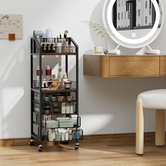 HapiRm Makeup Organizer Storage Cart - Floor Skincare Make Up Storage with 4 Drawers, Rolling Makeup Cart Vanity Organizer Cosmetics Display Cases Holder for Skin Care Perfume Nail Polish