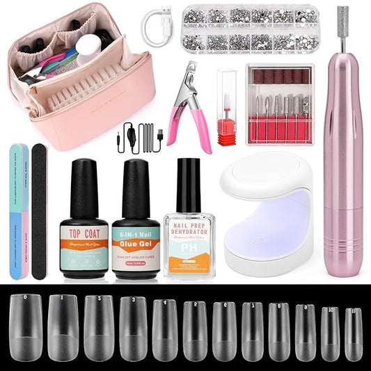 Gel Nail Kit for Beginner, Gel Nail Tips and Glue Gel Kit with 6 in 1 Nail Glue, Nail Prep Dehydrator, Top Coat and 480PCS Coffin Nails Tips Fake Nails Kit Easy Nail Extension Set