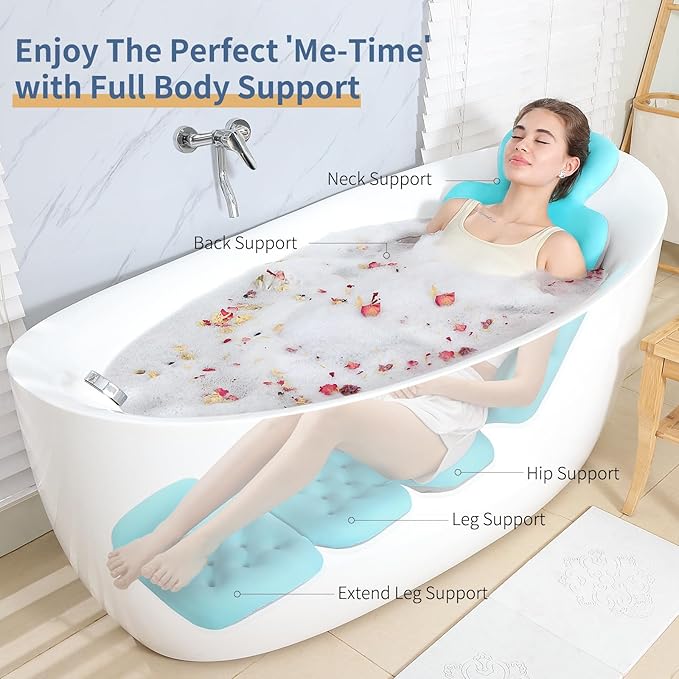 Luxury Bath Cushion, Full Body Bathtub Pillow with 230 Suction Cups, Bath Mat for Head and Neck Support, with Laundry Bag (Blue, 60.2" x 16.2")