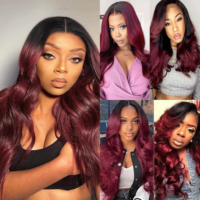 Ombre 99J Bundles 1B99j Human Hair Body Wave Bundles Black to Burgundy Body Wave Bundles two tone Brazilian Human Hair Weave Wet and Wavy for Woman 14 16 18 Inch