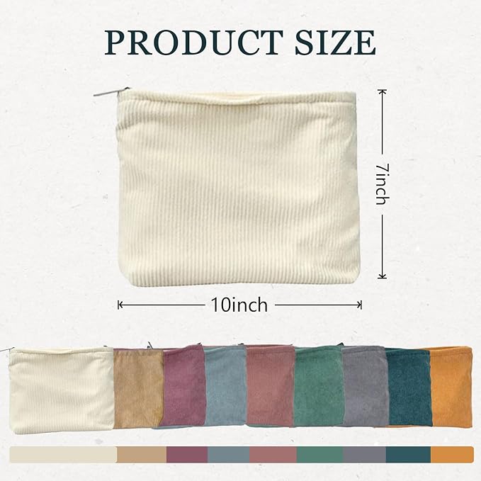 9-Piece 10x7 Corduroy Cosmetic Organizer Set - Zippered Travel Toiletry Bags with Aesthetic Design, Large Capacity Makeup Storage for Women (9 Colors)