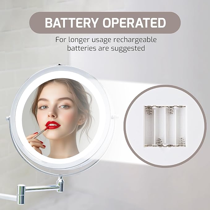 OVENTE 9" Lighted Wall Mount Makeup Mirror with 1X/10X Magnification, Cordless Double Sided Magnifying Round Vanity Mirror, 360° Swivel Design, Extendable and Folding Arm, Polished Chrome MFW85CH1X10X