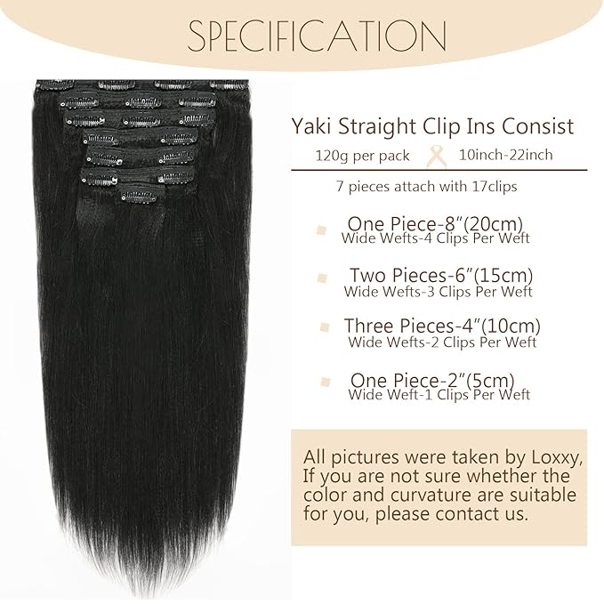 Yaki Straight Clip In Human Hair Extensions Real Remy Hair Yaki Clip In Hair Extension Double Weft Natural Hair Clip Ins For Black Women Thick Yaki Hair Clip In Extension Jet Black #1 20inch
