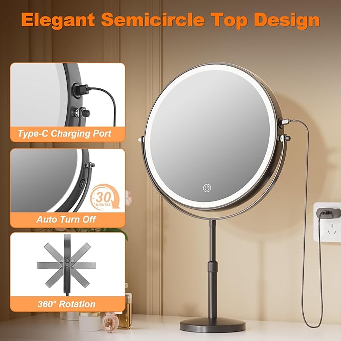 Hasipu 10-inch Lighted Makeup Mirror with Magnification, Rechargeable 3000 mAh Vanity Mirror with Lights, Desk Mirror with Dimmable Brightness, 3 Lighting Modes, Height Adjustment, Black