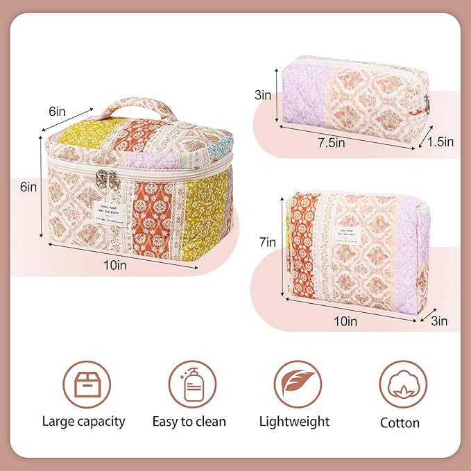 Quilted Makeup Bag,Large Cosmetics Bag Set,Cotton Coquette Floral Make up Pouch,Travel Toiletry Bag for Women