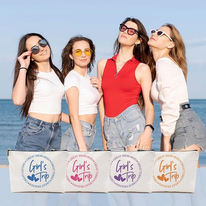4Pcs Girls Trip Gifts Favors, Girls Weekend Gifts Makeup Bag, Bestie Gifts Weekend Bag Vacation 2025 Cosmetic Bag, Friendship Gifts for Women Friend Coworker, Graduation Wedding Gifts Toiletry Bag