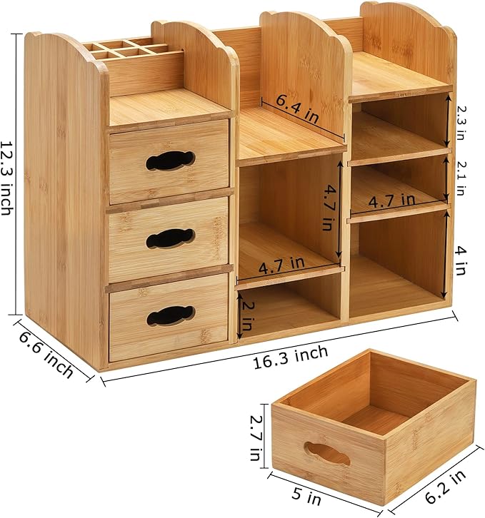 Coloch Bamboo Makeup Cosmetics Organizer with Drawers, Multifunctional Dresser Top Makeup Storage Tabletop Organizer Shelf for Desktop, Skincare, Beauty Supplies, Cosmetics Display, Stationery Storage