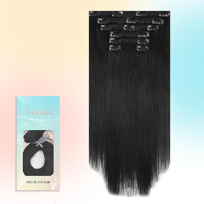 Clip in Hair Extensions 100% Real Human Hair Remy Straight Hair Extensions Clip ins for Women 20 Inch 75g Straight Natural Smooth Black Hair Extension
