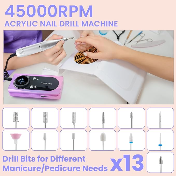 45000 RPM Nail Drill Machine Cordless, Rechargeable Electric Nail File Machine Professional Drill Tools for Acrylic Nails Gel Salon Manicure Pedicure