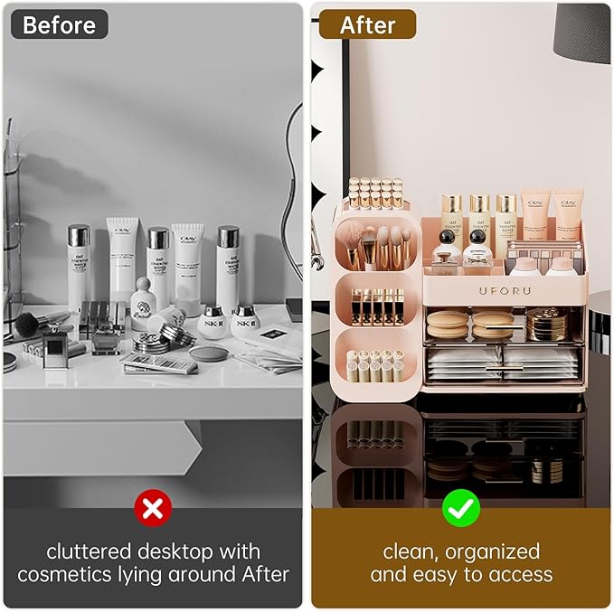 Makeup Organizer for Vanity, Countertop Organizer With Drawers, Spacious Cosmetic Display Case for Beauty Essential, Skincare, Lipstick, Pink