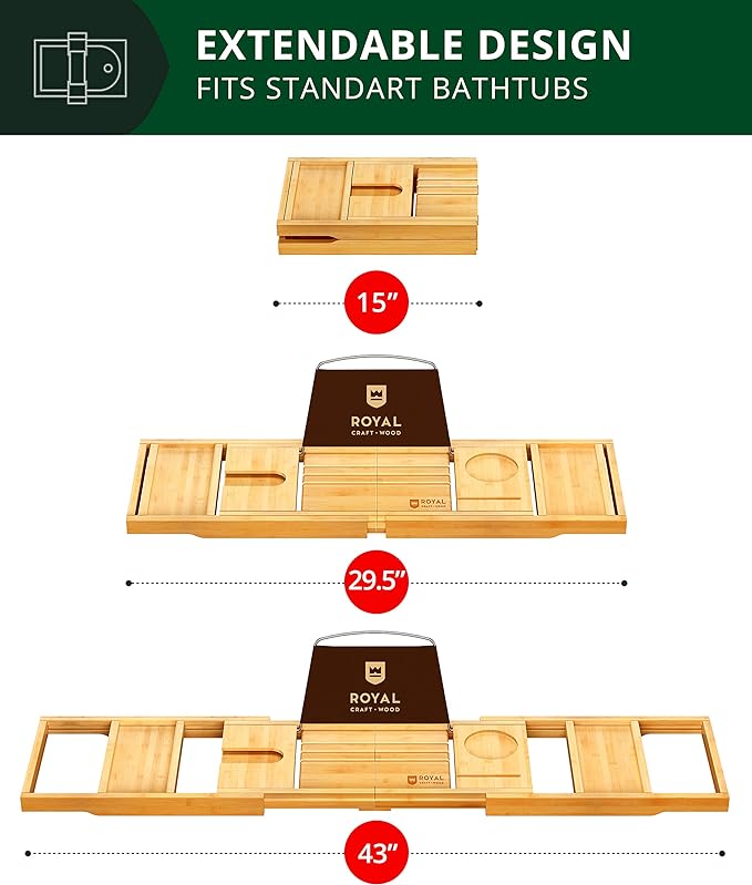 ROYAL CRAFT WOOD Premium Foldable Bathtub Tray - Wood Bath Tray for Tub, Bamboo Shelf, Expandable Bath Table Trays, Bathtub & Bathroom Accessories for New Home & Mothers Day & Birthday Gifts for Mom