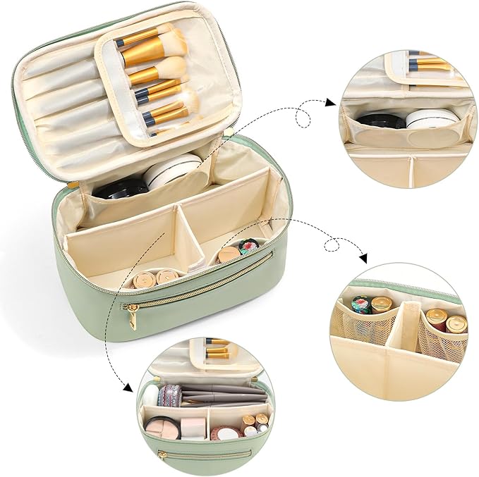 Travel Makeup Bag Organizer, Large Capacity Cosmetic Pouch for Women, Waterproof Make Up with Divider, Clamshell Makeup Case Make Up Bag with Handle and Metal Zipper, Travel Essentials Green