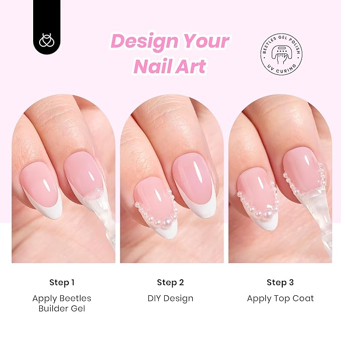 Beetles X Press Gel Nail Kit, French Tip Press On Nails Short Almond Kit with 224Pcs Nail Tips Nail Glue Builder Gel Top Coat Mini UV Light All-in-One DIY Wedding Nail Designs Gift for Women