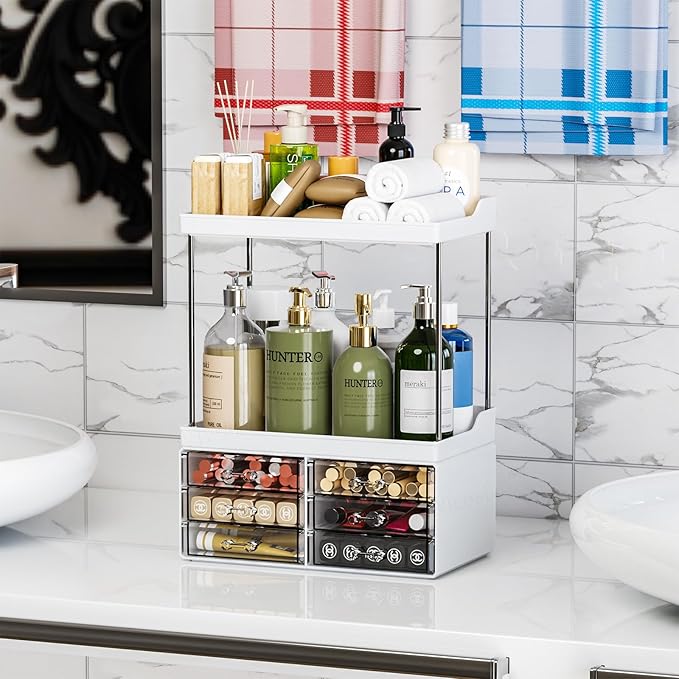 2 Pack Bathroom Organizers and Storage Countertop With 6 Drawers,Stackable Vanity Drawer Organizer,14.4" Tall Large Capacity Skin Care Organizer and Exquisite Cosmetic Storage Box,White