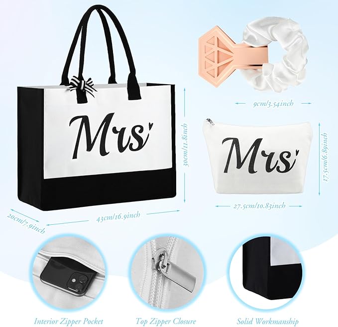 LEIFIDE Bride Tote Bag Bride Gifts Set 5 Pcs Makeup Bag Bride Stainless Tumbler Cup Bride Slippers White Hair Tie Slippers for Bridal Shower Bachelorette Party Wedding Day Gifts for Bride (Fresh)