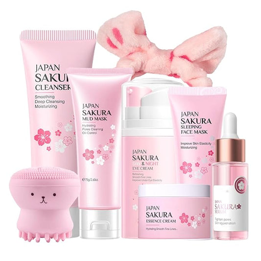 Japan Sakura Skincare Set Mother's Day Gifts for Mom - 8 Pcs Teenage Skin Care Set - Skin Care for Teens 10-12 - Skincare for Girls 10-12 - Teen Skin Care Kit with Face Mask,Cleanser,Cream,Headband