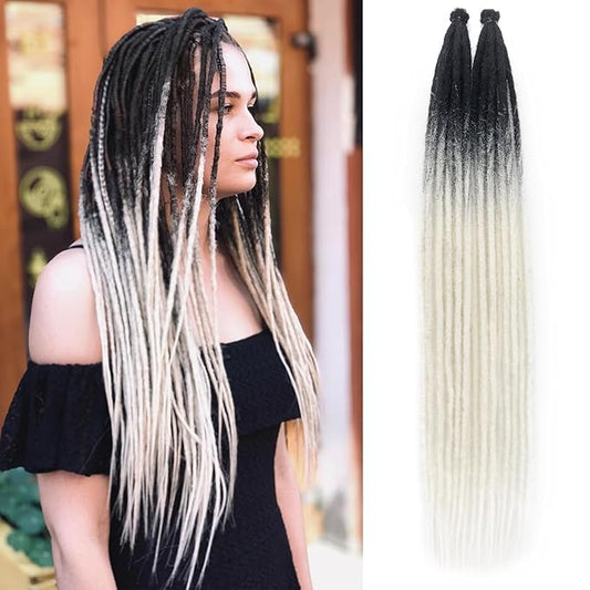 24 In 30 Strands SE Dreadlock Extensions, Gray to White Thin 0.6cm Width Synthetic Dreads Extensions, 100% Handmade Dreads Hippie Style Dreadlocks for Woman