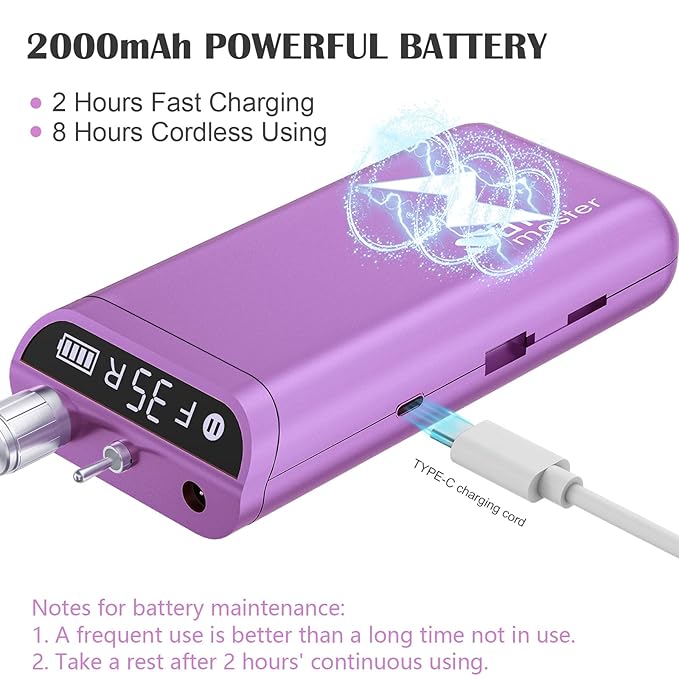 Kredioo Nail Drill, Nail Drills for Professional Acrylic Nails 35000RPM Rechargeable Portable Electric File Drill Machine with 10 Bits Set Quickly Remove Gel Polish Salon Quality Manicure-Purple