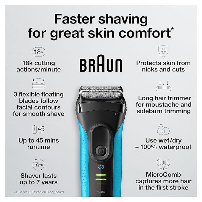Braun Electric Series 3 Razor with Precision Trimmer, Rechargeable, Wet & Dry Foil Shaver for Men, Blue/Black, 4 Piece