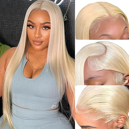 613 Premium Lace Front Wig - Human Hair Pre-Plucked with Baby Hair, 28 Inch Blonde, Dense Frontal Wig for Women