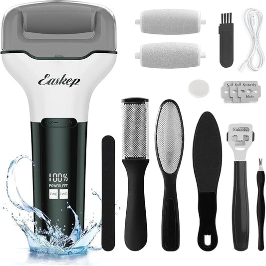 Electric Foot Callus Remover Easkep Rechargeable Portable Electronic Foot File Pedicure Tools, Waterproof 16 in 1 Callus Remover Kit, Professional Pedicure Kit for Dead Hard Cracked Dry Skin (Green)