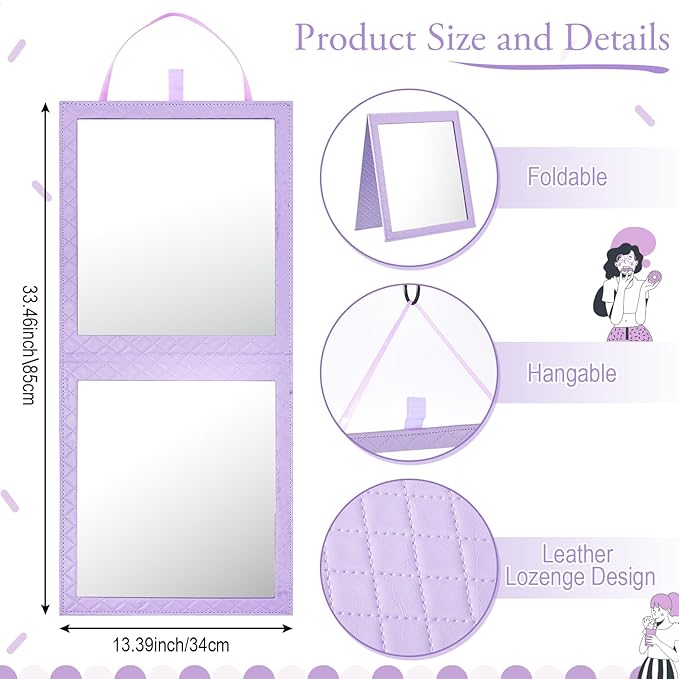 Foldable Backstage Mirror with Handle 33.5X 13.4 Inch Leather Folding Hanging Mirror Rectangular for Travel Dance Bag Home Fitness Spa Gift for Dancers（Purple）