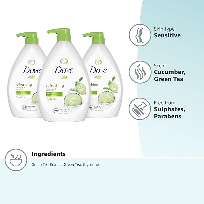 Dove Refreshing Body Wash with Pump Revitalizes and Refreshes Skin Cucumber and Green Tea Effectively Washes Away Bacteria While Nourishing Your Skin, 34 Fl Oz (Pack of 3)