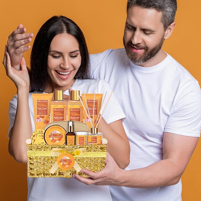 Gift Baskets for Women, Bath and Body Gift Set for her with 13pcs Honey Almond Scented Spa Gifts for Women, Bath Sets Includes Scented Candle, Shower Steamer, Bubble Bath, Bath Salt. Mothers Day Gifts