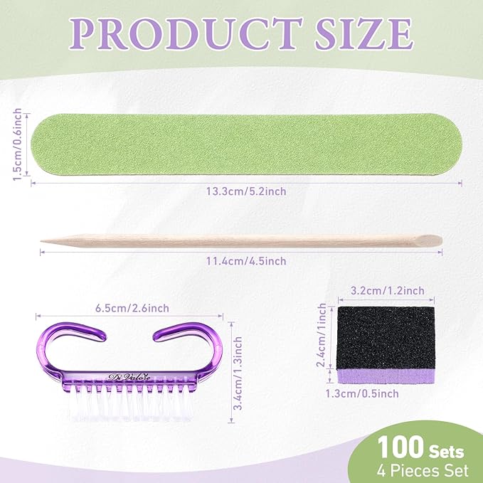 100 Sets Professional Disposable Manicure Kit Basics 4 Piece Nail Kit Wood Nail File 100/180 Grit, Mini Buffer 80/100 Grit, Wood Stick and Handle Grip Brush Gifts(Purple)