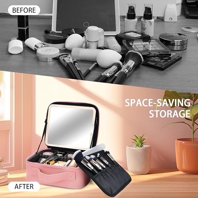 Travel Makeup Bag with LED Lighted Mirror,Cosmetics Organizer, Makeup Bag with 3 Color Lighted Setting, Portable Storage and Adjustable Dividers Travel Makeup Bag(Pink)