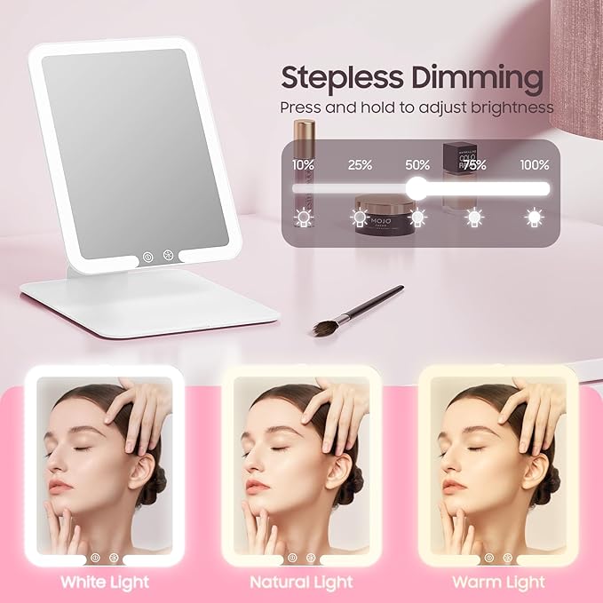 Benbilry Foldable Travel Makeup Mirror with Lights and 20X Magnification, Rechargeable Tabletop LED Vanity Mirror with Adjustable Stand, 3-Colored Dimmable Lighting, Portable Cosmetic Mirror, White