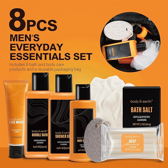 Gift Baskets for Men - Bath Spa Gift Set, Body and Earth Citrus Scented Mens Bath Set with Body Lotion, Face Wash, Shower Gel, Bubble Bath, Loofa & More, Father's Day Gifts