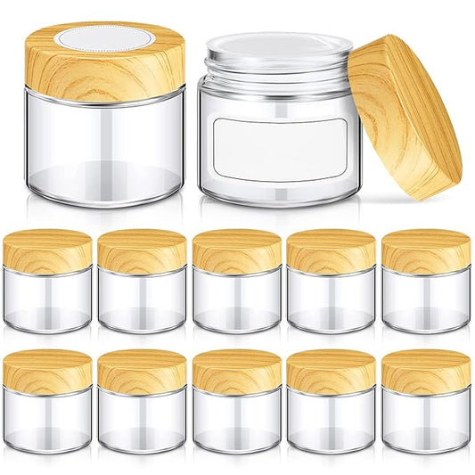 Layhit 12 Pcs Glass Jars with Lids Clear Small Jars with Plastic Woodgrain Lids, White Labels and Inner Liners Empty Round Cosmetic Containers for Creams Lotions Powder Candle Making (2oz/ 60ml)
