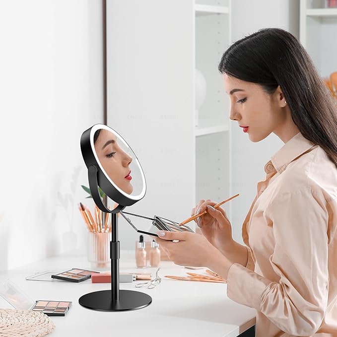 Lighted Magnifying Mirror 10X 1X Magnification, Double Sided Makeup Mirror, Rechargeable LED Beauty Mirror with 3 Color Setting, Adjustable Height Vanity Desk Mirror, Matte Black