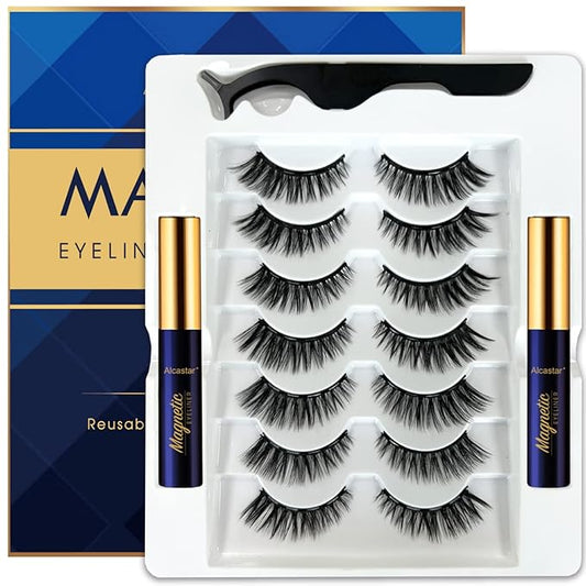 Alcastar False Eyelashes, 7pairs Magnetic Lashes with Eyeliner & Tweezers, Faux Mink, Natural Look, Reusable, Long Lasting, Easy Apply, Cruelty Free