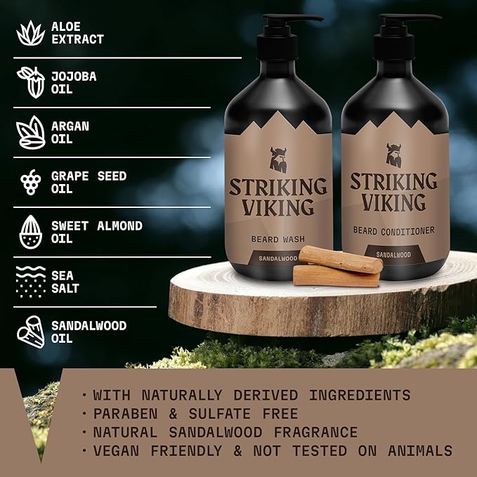 Striking Viking Beard Care Set (Sandalwood) - Paraben & Sulfate Free Shampoo with Jojoba Oil - Deep Clean for All Beard Types (10oz Per Bottle)