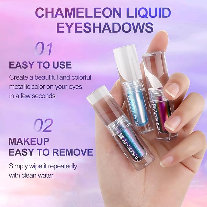 Metallic Liquid Eyeshadow 3pcs, Chameleon Metallic Eyeshadow Multi-Color Shifting, Highly Pigmented and Shimmer Eye Makeup, Long Lasting Cosmetics, 3 Colors