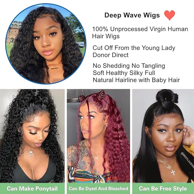 13x4 Lace Front Wigs Human Hair Deep Wave Lace Frontal Wigs 180% Density Glueless Brazilian Virgin Hair Pre Plucked with Baby Hair Natural Hairline HD Lace Wigs for Women Natural Black Color 18 Inch