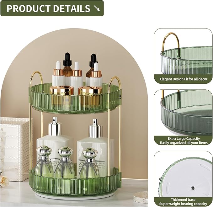 360° Rotating Makeup Organizer for Vanity - 2 Tier Perfume Organizer with Large Capacity - Skincare Organizer for Bathroom Counter - Space-Saving Cosmetic Storage for Dresser Countertop (Green)