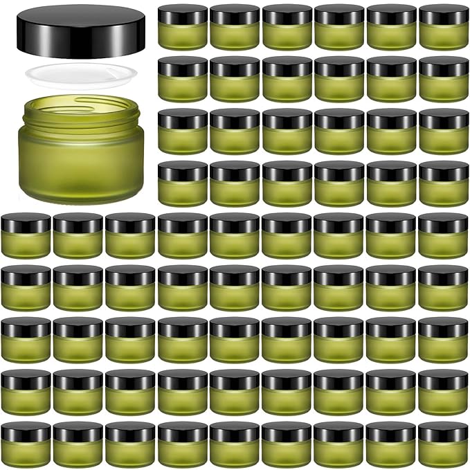 Domensi 60 Pcs 1oz Glass Jars with Lids Bulk Salve Tins Small Glass Candle Cosmetic Jars for Travel with Inner Liners Containers for Lotions Sample Cream(Green, Black Lid)