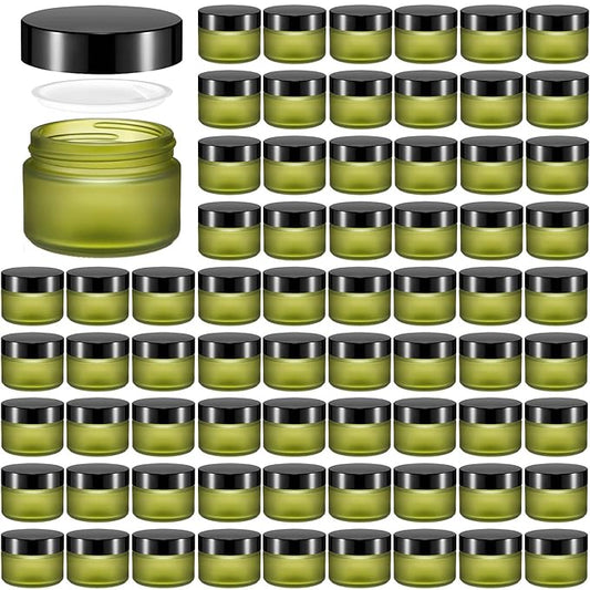 Domensi 60 Pcs 1oz Glass Jars with Lids Bulk Salve Tins Small Glass Candle Cosmetic Jars for Travel with Inner Liners Containers for Lotions Sample Cream(Green, Black Lid)